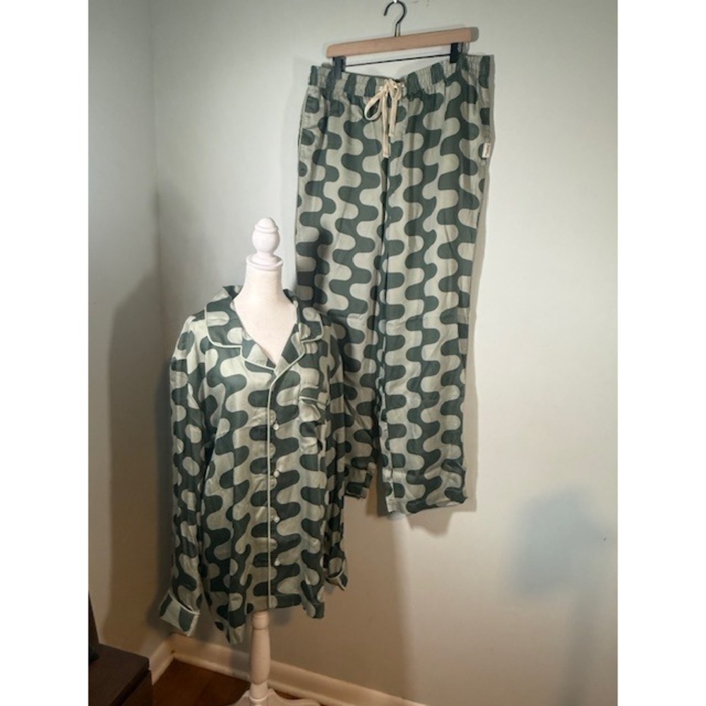 Pleasing The‎ House Pajamas 2XL Green Wavy Print Tencel Unisex Set NWT Retro